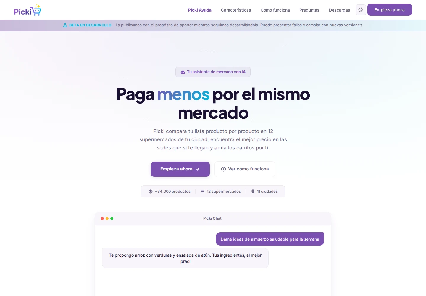 Portada pública actual de Picki, asistente de mercado con IA