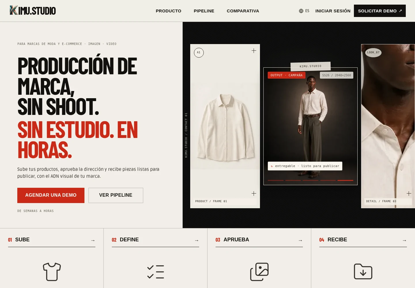 Web actual de Kimu.Studio: producción de marca, prenda, modelo virtual y detalle de la colección